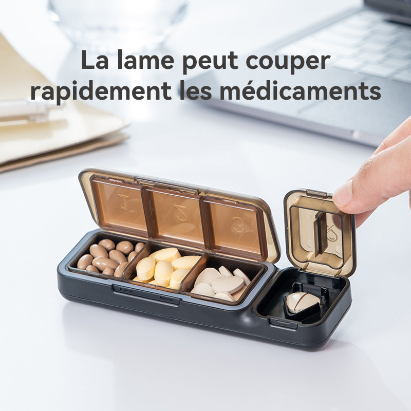 JORDAN&JUDY Petit organiseur de pilules, boîte de rangement portable mini pour pilules quotidiennes avec coupeur de comprimés, 1 pièce, marron