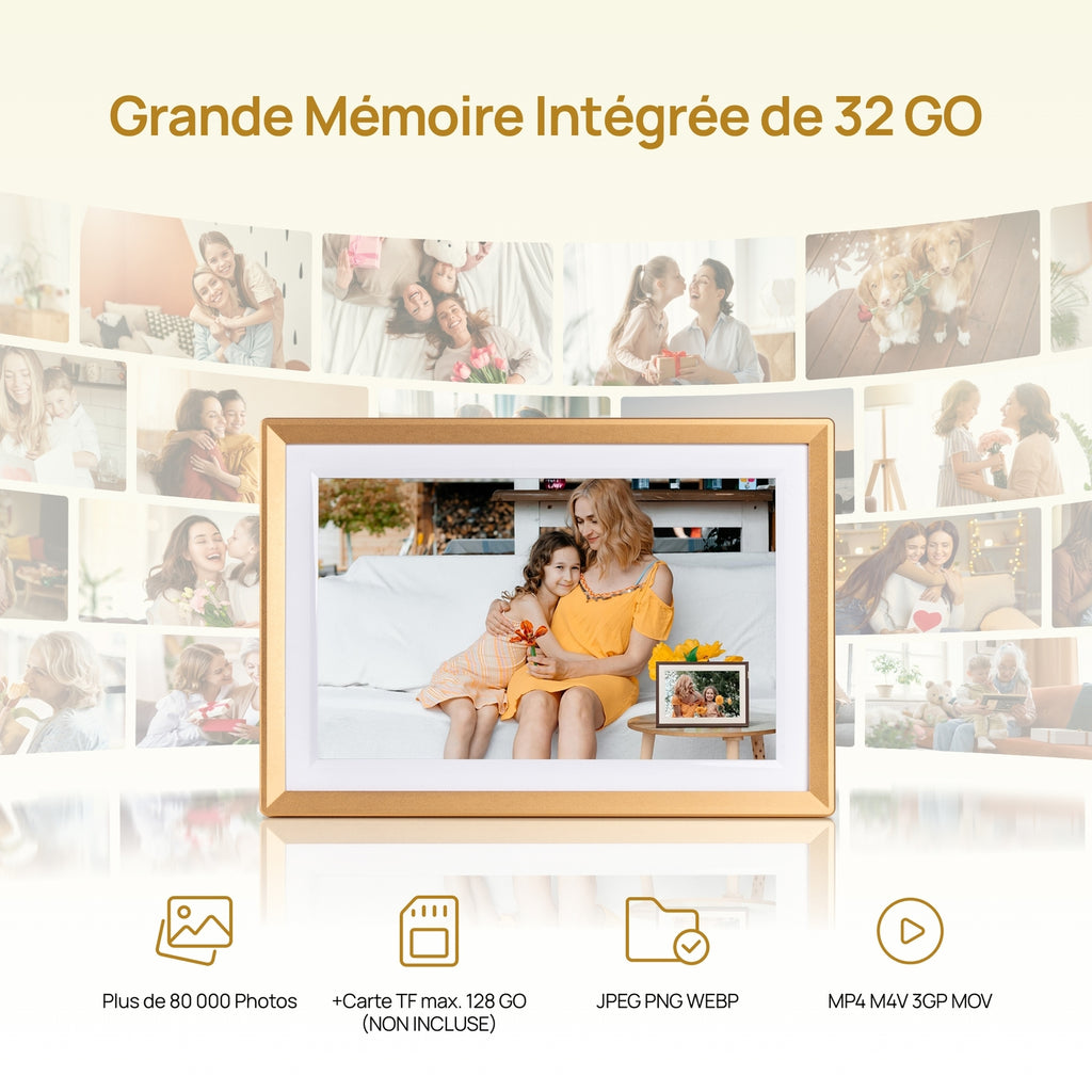 ARZOPA D10 Cadre photo numérique en métal 10,1 pouces, Stockage cloud gratuit, Cadre photo Wi-Fi, Écran tactile HD numérique, Sans abonnement, Partage photos vidéos, Carte de vœux individuelle à offrir en cadeau - D10 Or
