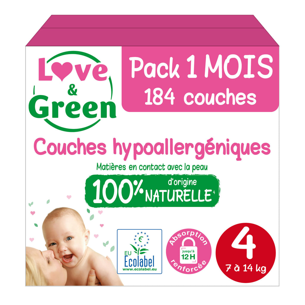 LOVE & GREEN Couches Écologiques Hypoallergéniques Pour Bébé Taille 4 7-14 kg - Pack Mensuel De 4 (184 Couches Au Total)