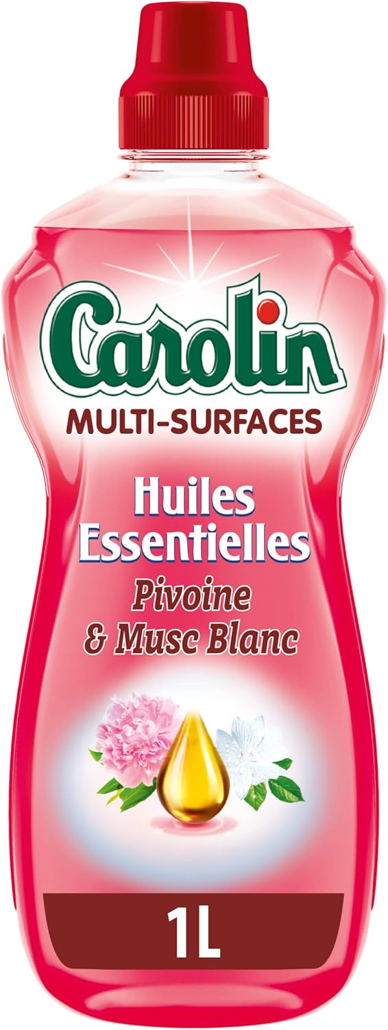 Carolin Nettoyant Multi-Surfaces aux Huiles Essentielles, Sans Rinçage, Pivoine & Musc Blanc, 1 L