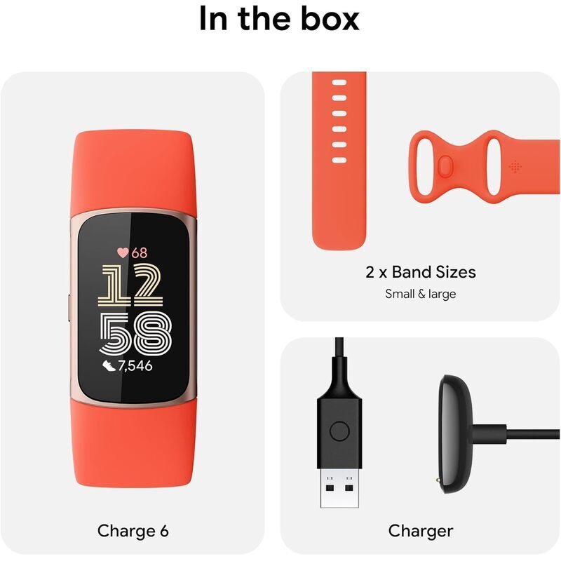 Google Fitbit Charge 6 Tracker d'Activité Inclus un Abonnement Premium de 6 Mois, Autonomie de 7 Jours, Google Wallet et Maps Corail / Or Champagne