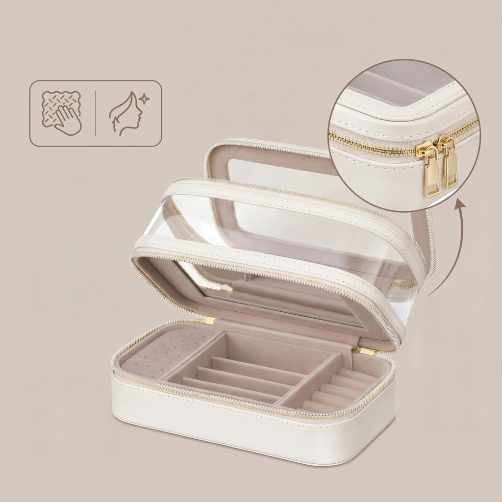 JOYFURNOS Organisateur de Cosmétiques avec Miroir, Mallette de Maquillage de Voyage, Rangement pour Bijoux, Trousse de Pinceaux Portable, Cadeau pour Femme, Blanc