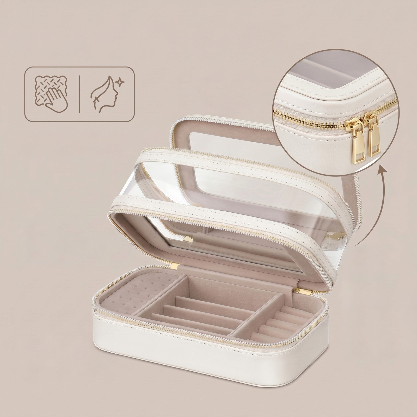 JOYFURNOS Organisateur de Cosmétiques avec Miroir, Mallette de Maquillage de Voyage, Rangement pour Bijoux, Trousse de Pinceaux Portable, Cadeau pour Femme, Blanc