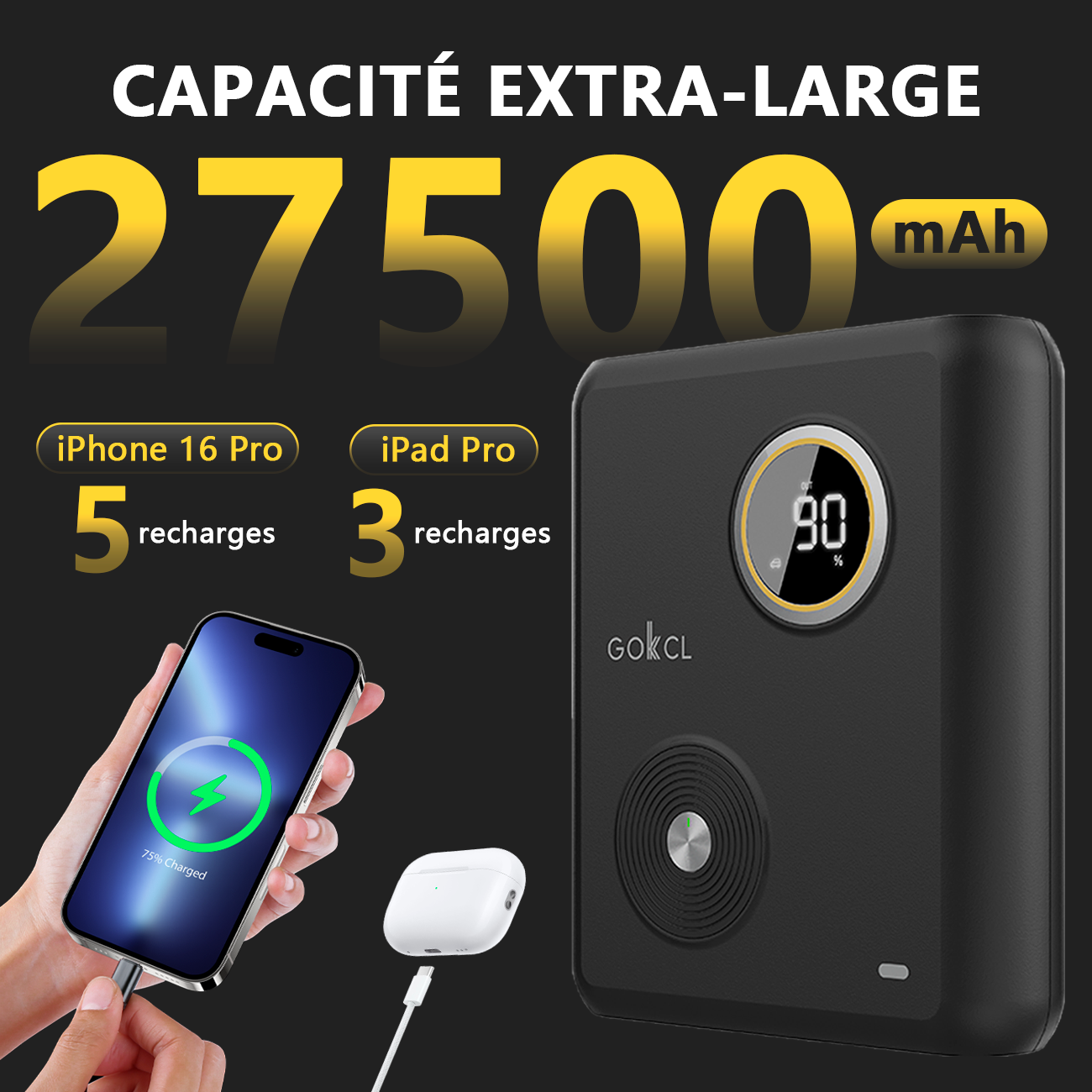 GOKKCL GK03 Démarreur de voiture à ions sodium 27500 mAh, Batterie externe à charge rapide PD60W, Réactivable à zéro volt, 5 ans de veille par charge