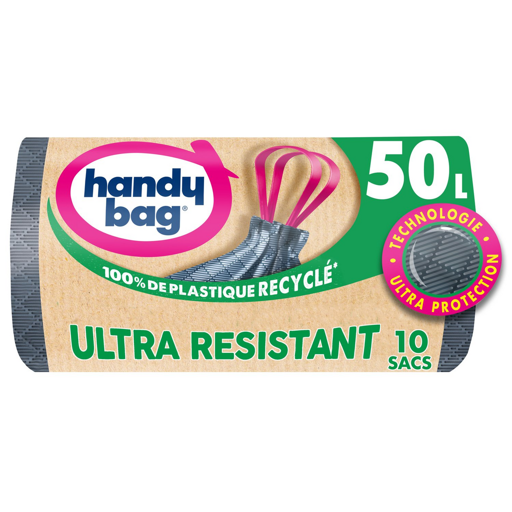 HANDY BAG Sacs poubelle à poignées coulissantes Ultra Résistant 50L, 10 sacs