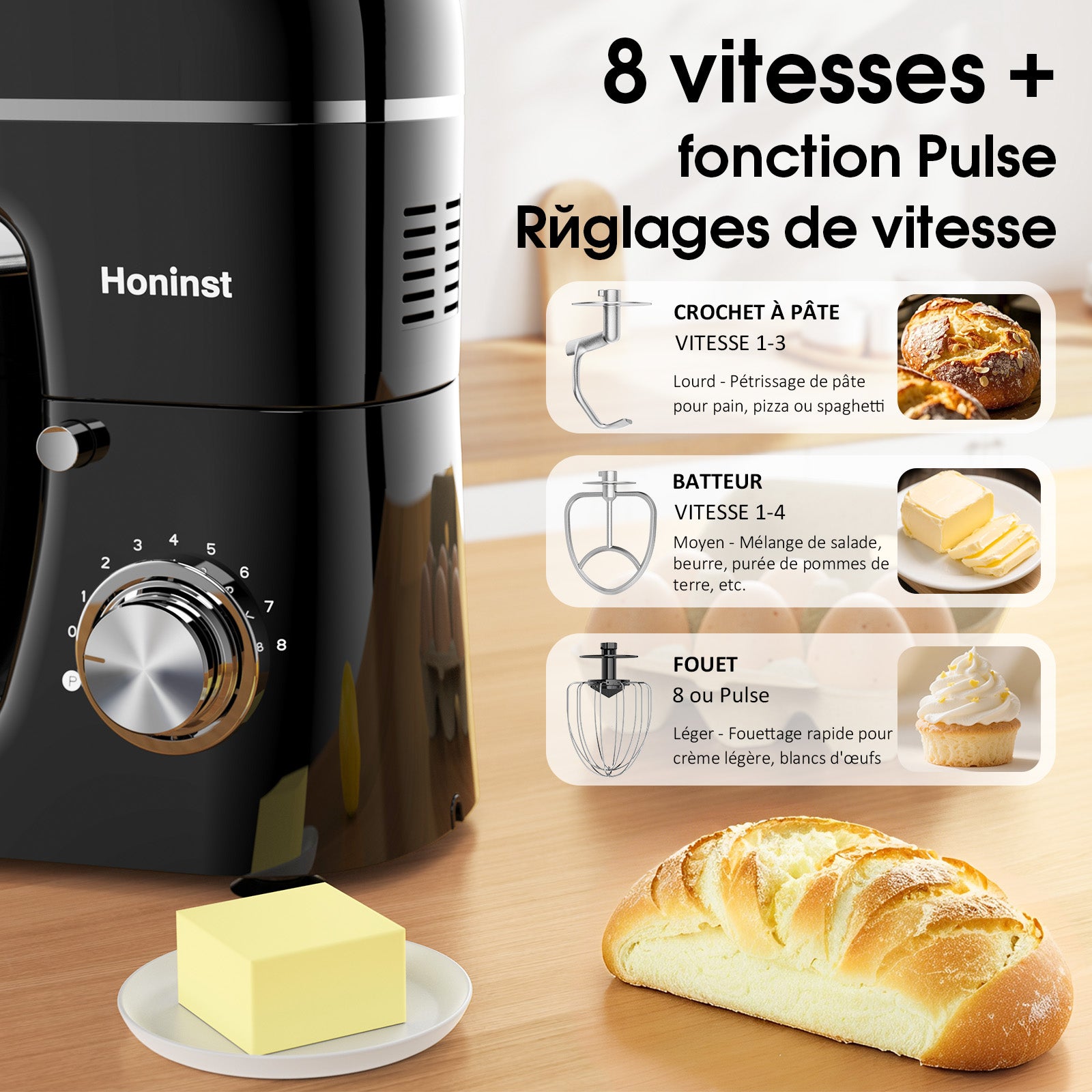 HONINST Robot pâtissier sur socle multifonction 7-en-1, Robot de cuisine à tête inclinable 8 vitesses 6,5 qt, Batteur électrique avec hachoir à viande, Mixeur à jus