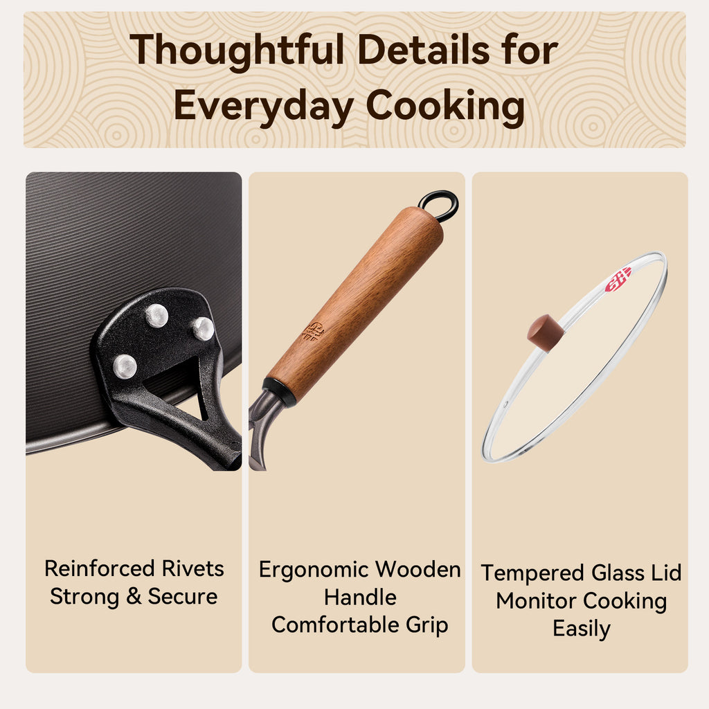 WANGYUANJI Wok en acier au carbone texturé à revêtement rotatif 12,6" avec couvercle en verre — Fond plat, sans revêtement, pour toutes les plaques de cuisson