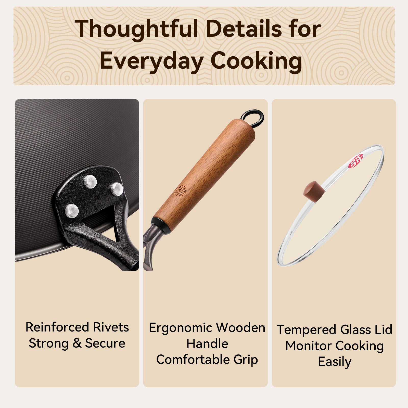 WANGYUANJI Wok en acier au carbone texturé à revêtement rotatif 12,6" avec couvercle en verre — Fond plat, sans revêtement, pour toutes les plaques de cuisson