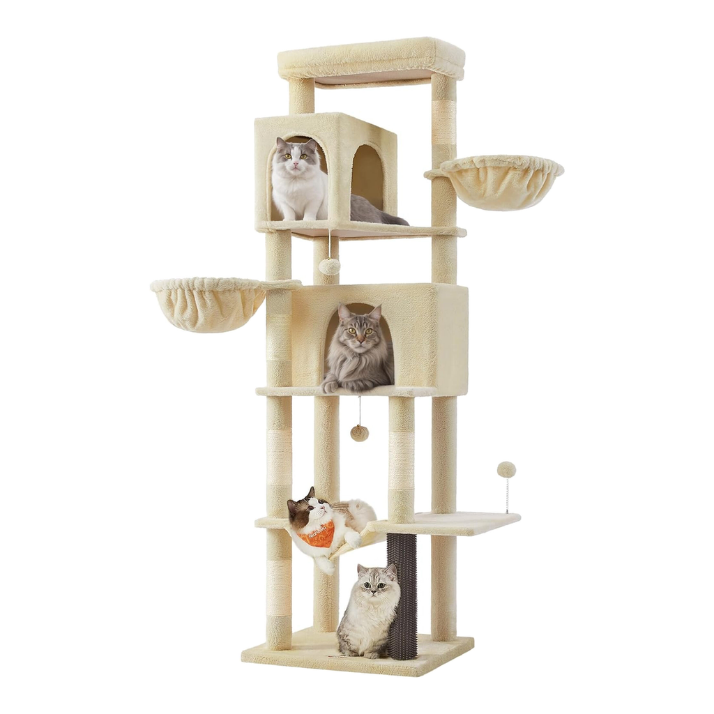 Feandrea Griffoir pour chat grand 75" de haut XXL arbre à chat multi-niveaux avec 2 niches, 2 paniers, 5 colonnes à griffer, brosse pour chat, grande plateforme, sable beige