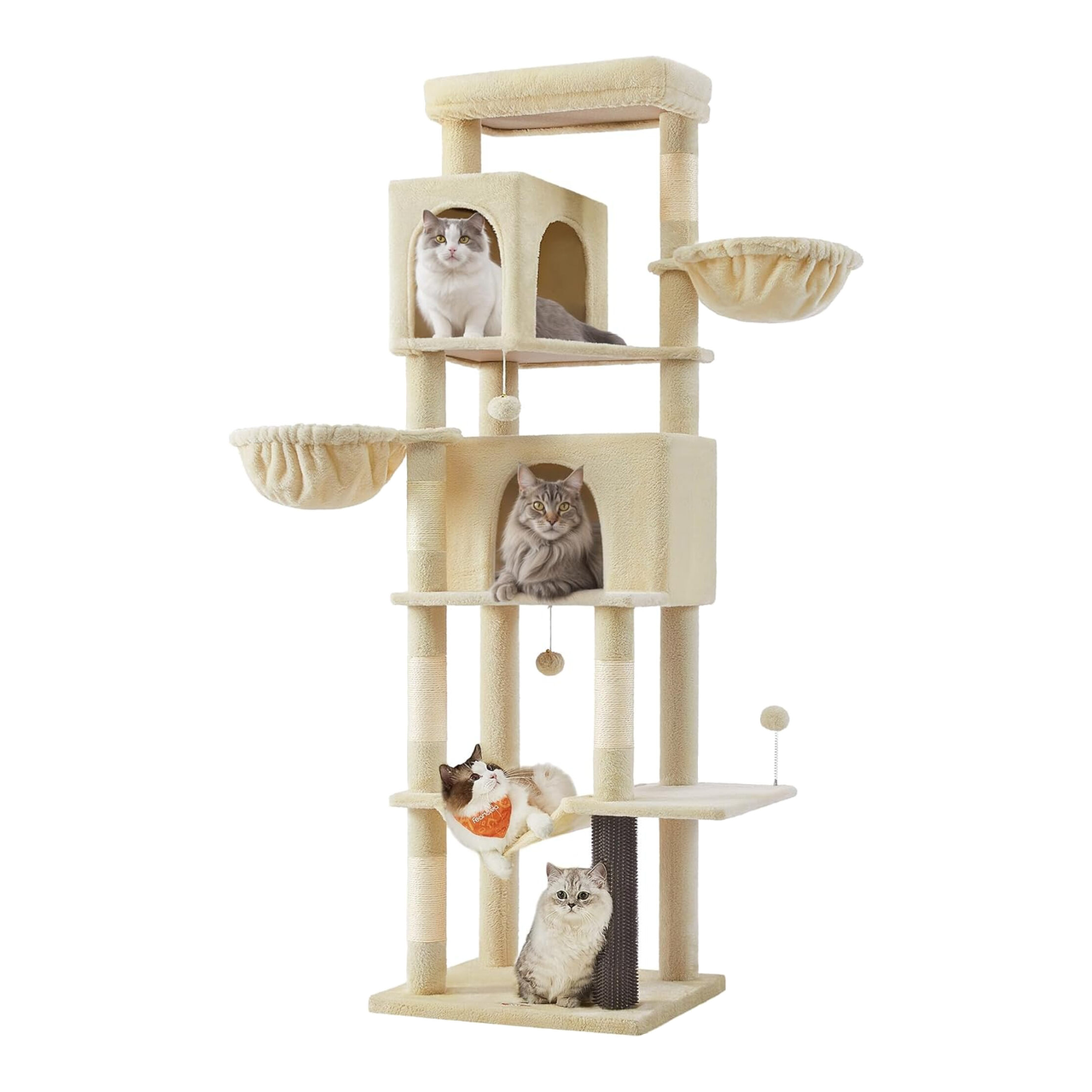 Feandrea Griffoir pour chat grand 75" de haut XXL arbre à chat multi-niveaux avec 2 niches, 2 paniers, 5 colonnes à griffer, brosse pour chat, grande plateforme, sable beige