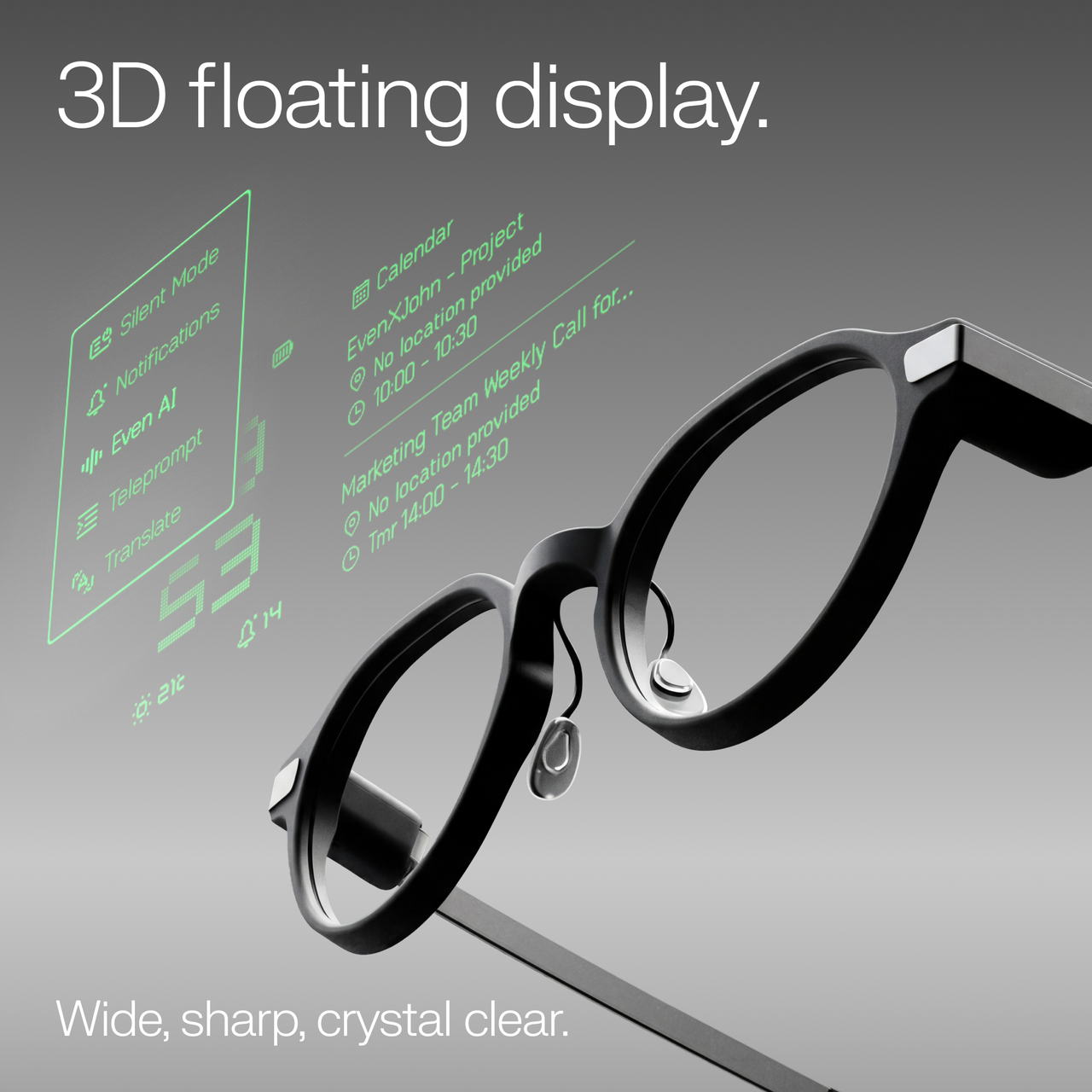 Even Realities - Even G2 A Gris (Monture ronde) - Lunettes intelligentes de visualisation quotidienne, Sans caméra, Confidentialité d'abord, Batterie de 2 jours