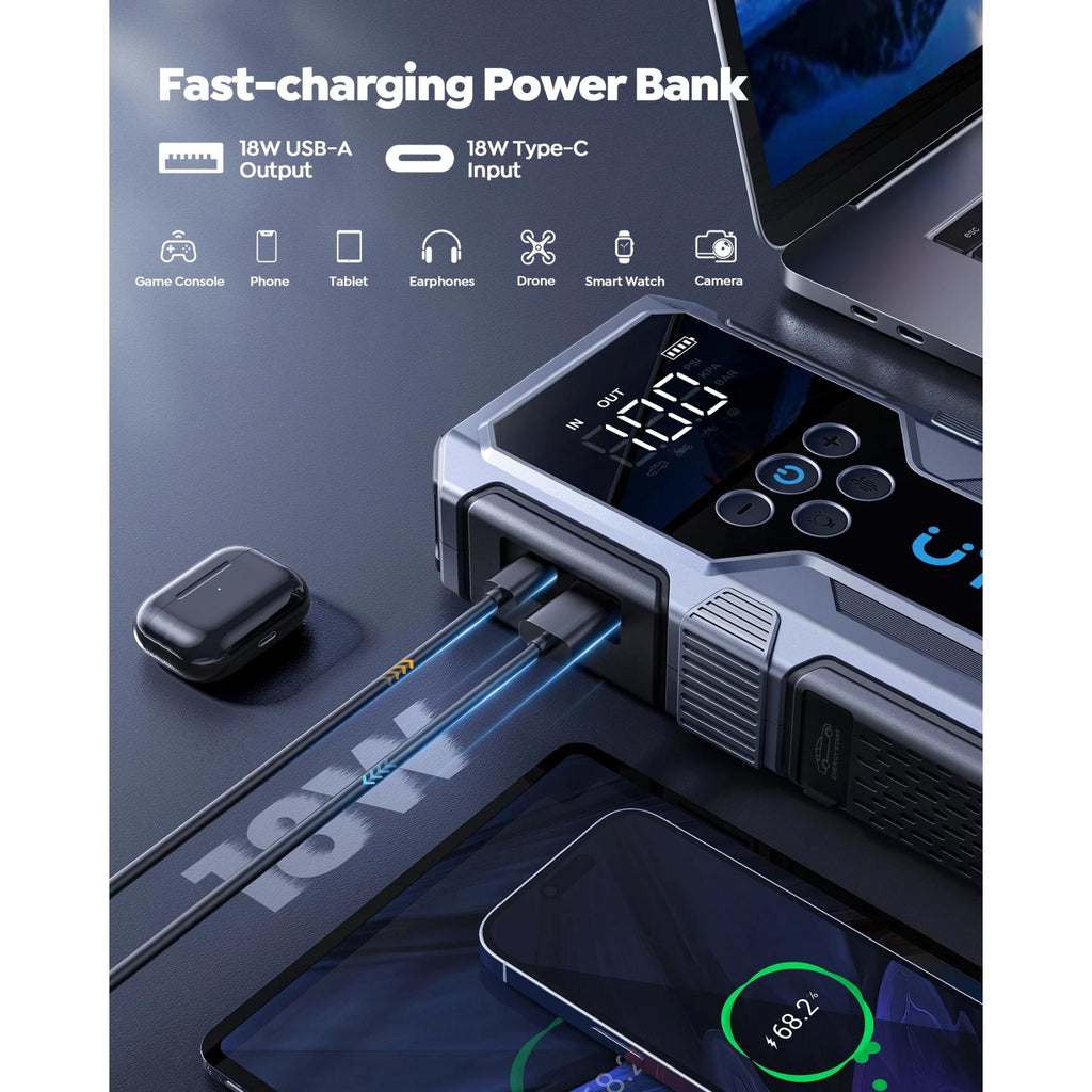 UTRAI JS-9 3000A Booster de démarrage pour voiture avec compresseur d'air 150 PSI, batterie externe QC 18 W, chargeur de batterie de voiture 12 V, écran LED et lampe de poche à 3 modes