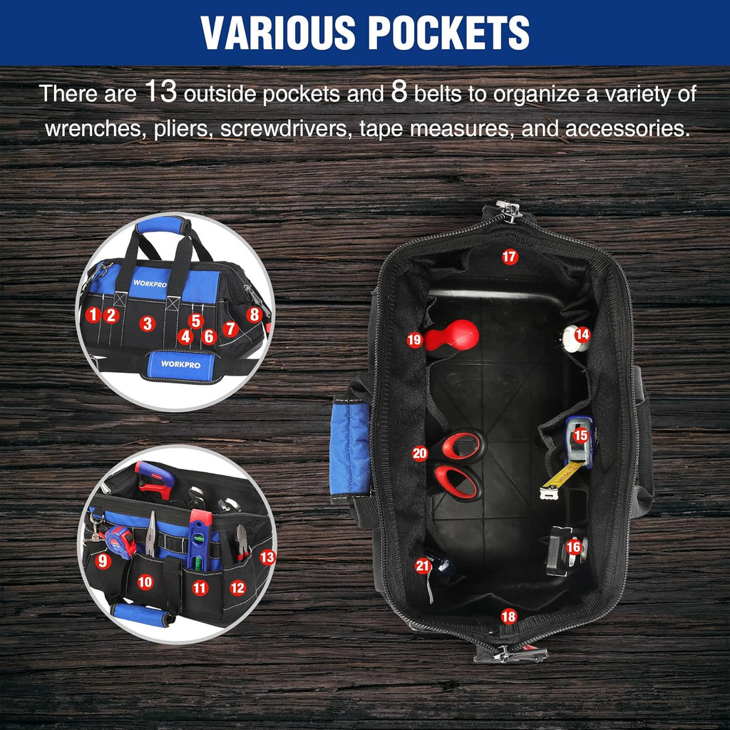 WORKPRO Sac à Outils 16 Pouces, Sac à Outils Robuste Multi-Poches avec Base Rigide en Plastique Imperméable, Sac à Outils Électromécanicien Robuste à Ouverture Large avec Bandoulière Réglable