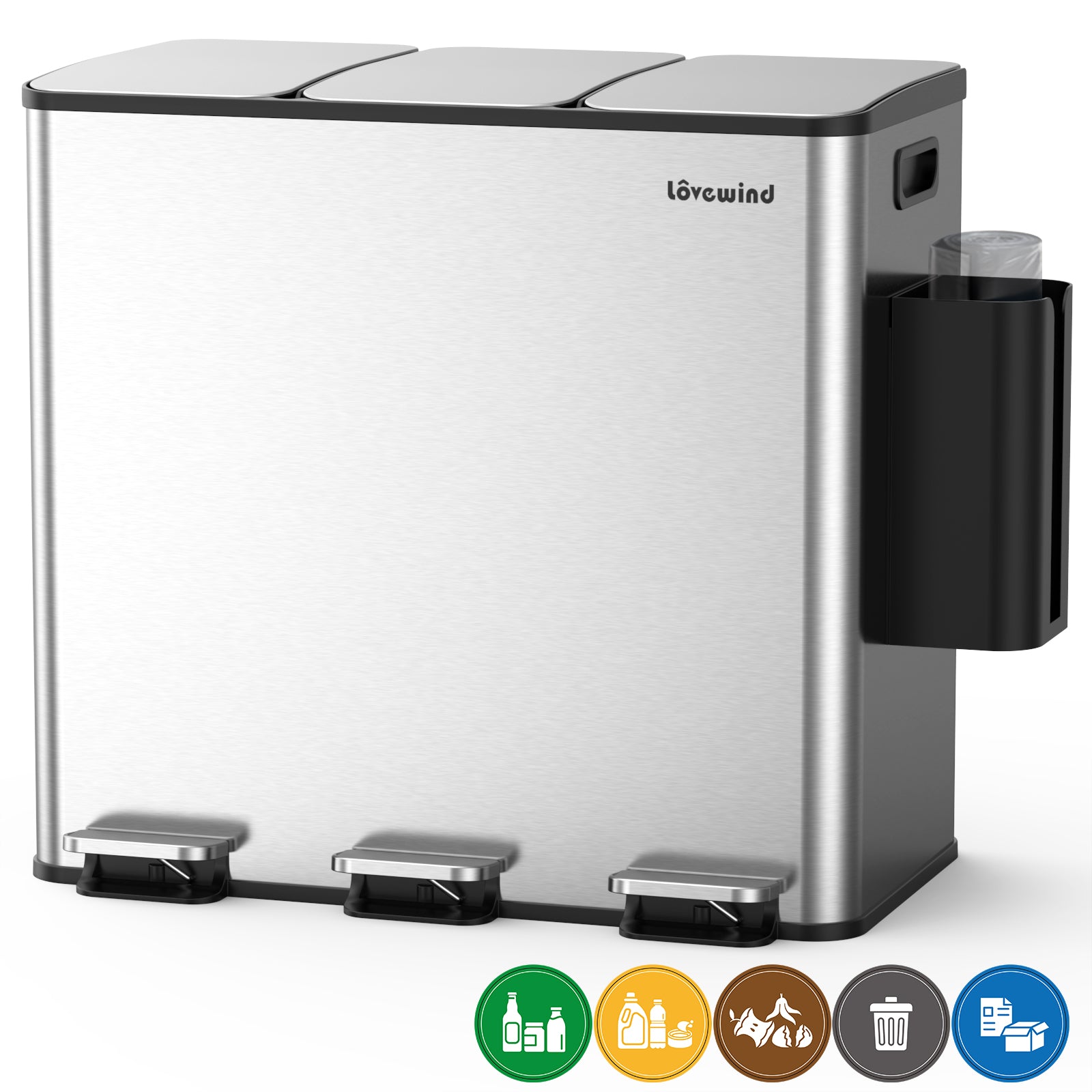 Poubelle de cuisine 60 L (3 x 20 L) en acier inoxydable, poubelle et bac de recyclage combinés avec couvercle à fermeture douce, poubelle à pédale à double compartiment pour recyclage, argenté