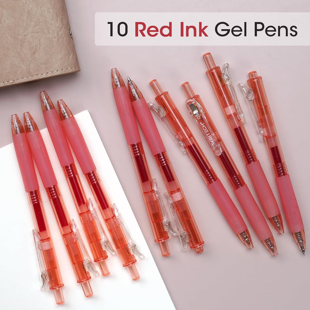 WRITECH Stylos à encre gel rétractables Pointe moyenne 0,7 mm Encre rouge Pour journalisation Écriture fluide Pointe fine Encre à séchage rapide Sans bavure Lot de 10