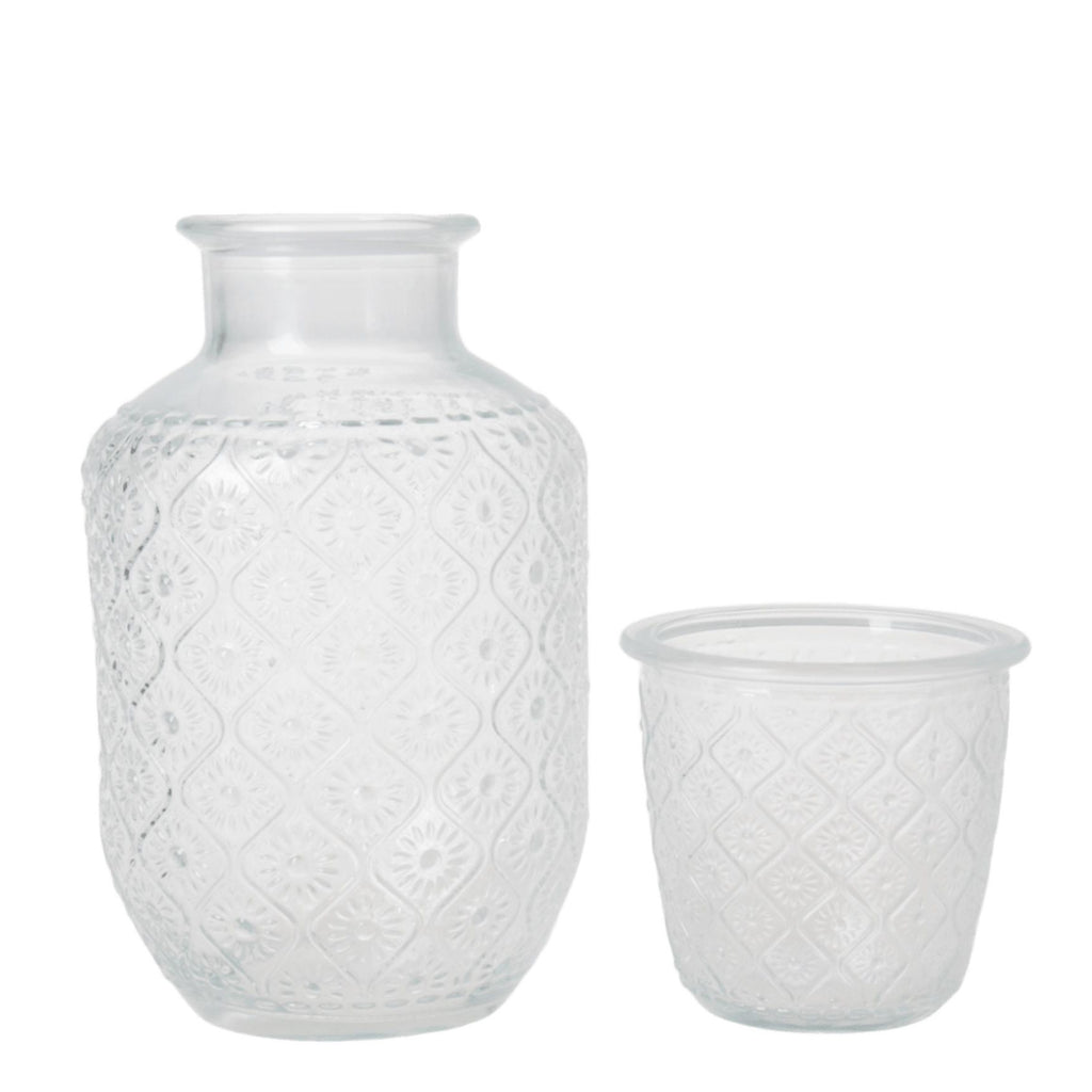 Begonia Lot de 2 pichets en verre, 1 000 ml, avec 2 gobelets de 270 ml, motif floral, distributeur de boissons pour l’été