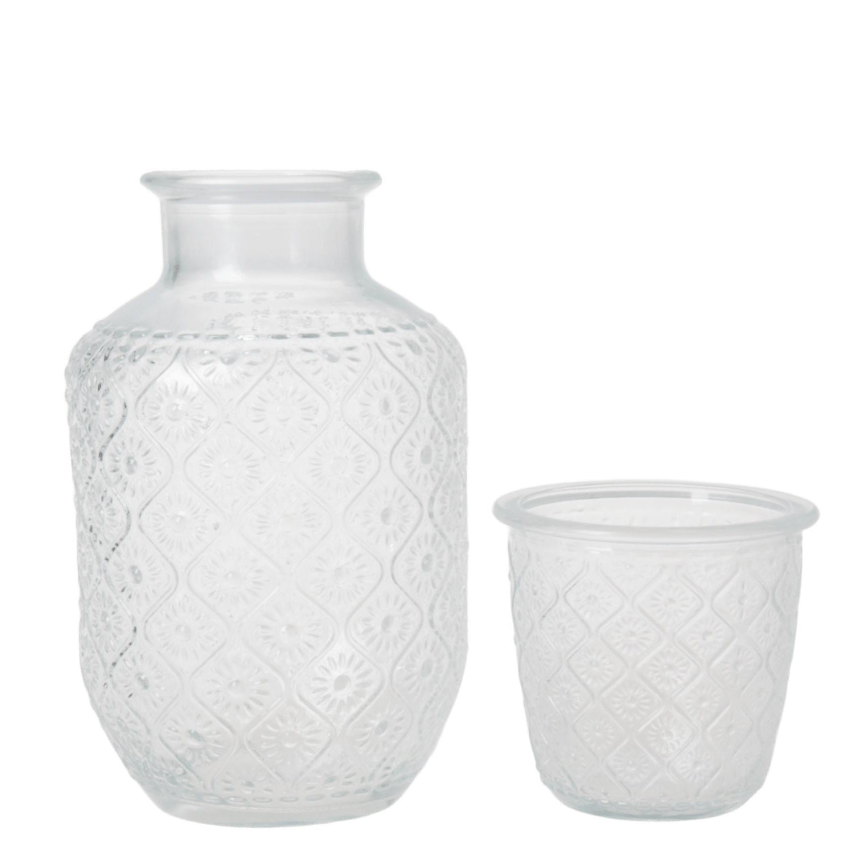 Begonia Lot de 2 pichets en verre, 1 000 ml, avec 2 gobelets de 270 ml, motif floral, distributeur de boissons pour l’été