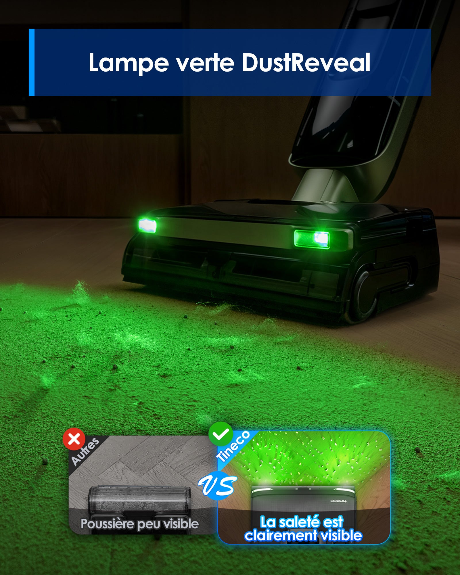 Tineco Floor ONE S7 Master Aspirateur Laveur, Raclette Anti-Traces, Corps Ultra-Plat de 9,9 cm, 23 kPa, FlashDry, Lumière DustReveal Verte à 150°