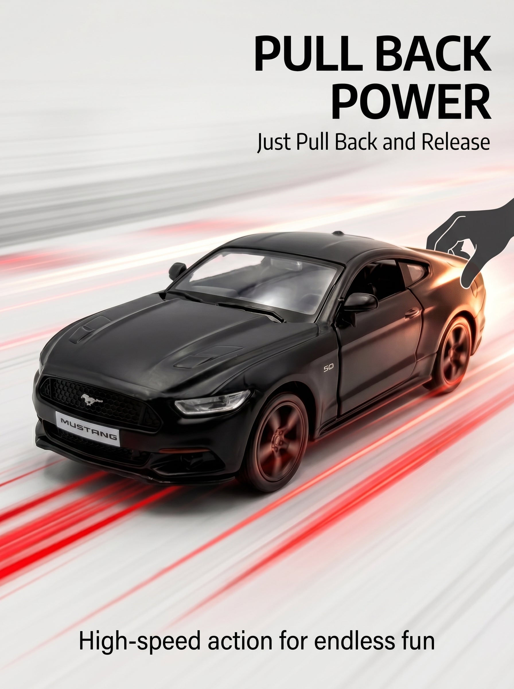 Voiture miniature Ford Mustang à l’échelle 1:36, en alliage noir, avec portes ouvrantes et mécanisme à ressort – Jouet pour enfants, idée cadeau