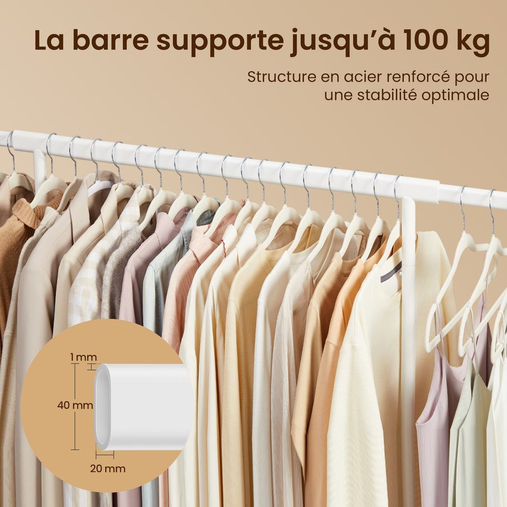 JOYFURNOS Portant à Vêtements sur Roulettes, Tringle à Vêtements Robuste, 45 x (92-132) x 161,5 cm, avec Tringle Extensible, Capacité de Charge 100 kg, Portable, Blanc