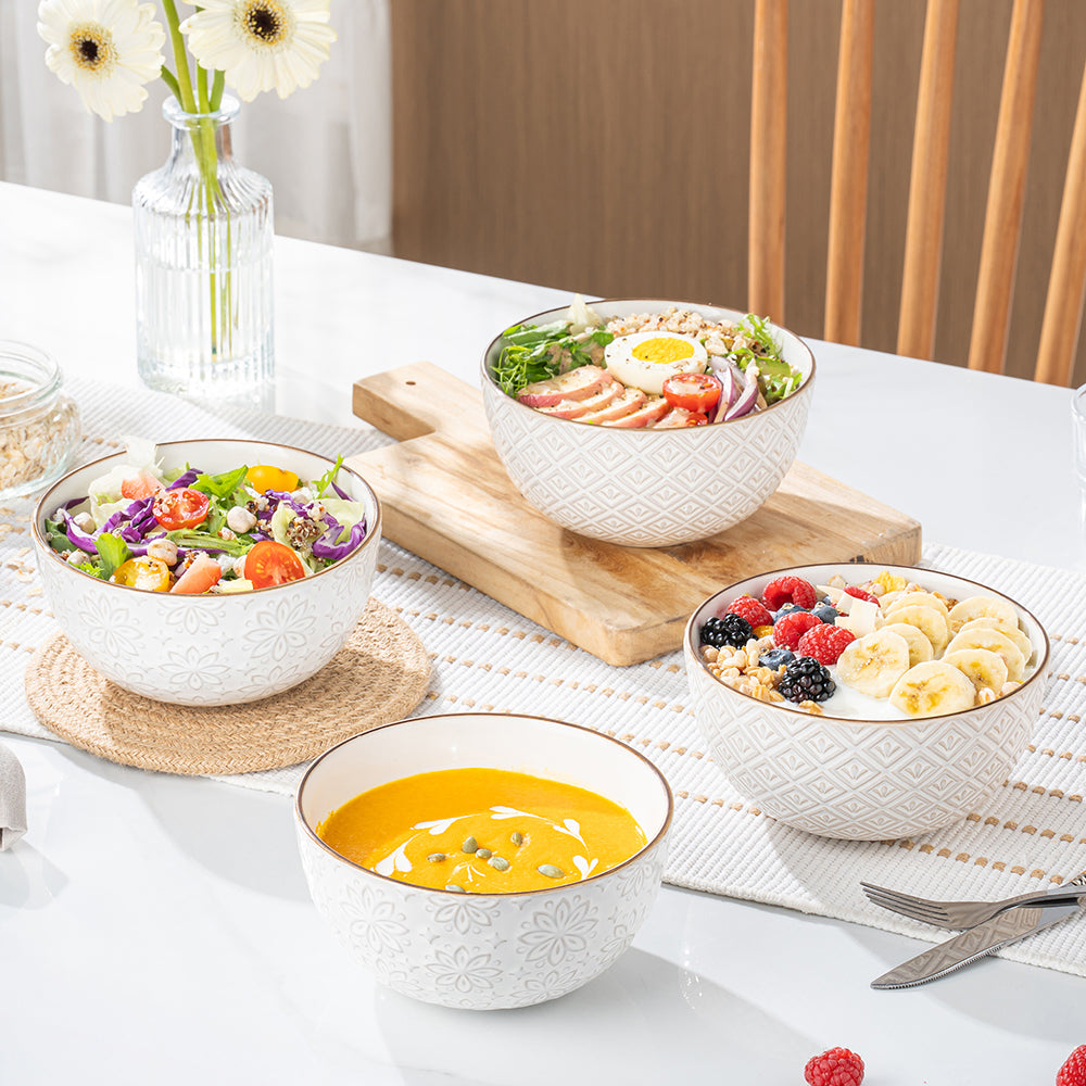DAFUCERAMIC Assiettes à céréales 29 oz (6 pouces), bol à soupe en stoneware à motif, pour pho, chips, fruits, salade et nouilles (ramen), lot de 4, blanc arctique