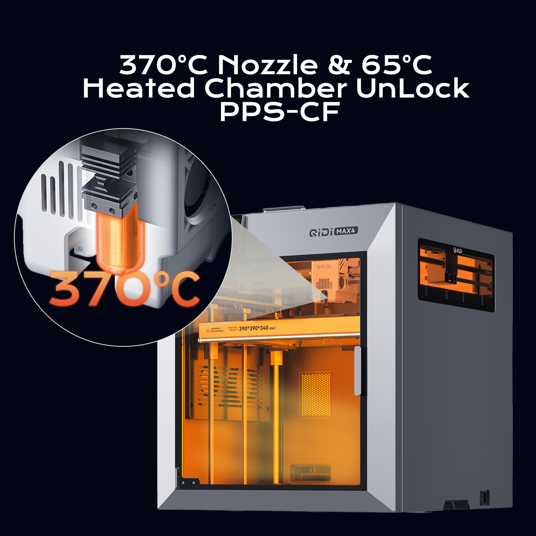 QIDIMax4 imprimante 3D, grande zone d'impression 390×390×340 mm, chambre chauffante 65 °C, imprimantes 3D FDM, vitesse maximale 800 mm/s