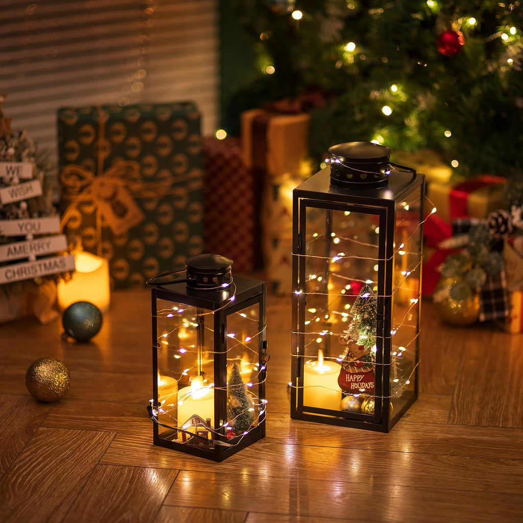 Lanternes noires décoratives d'intérieur : 9,5 pouces lanterne hurricane de mariage suspendue avec verre transparent support à bougie de style maison de campagne pour salon table de