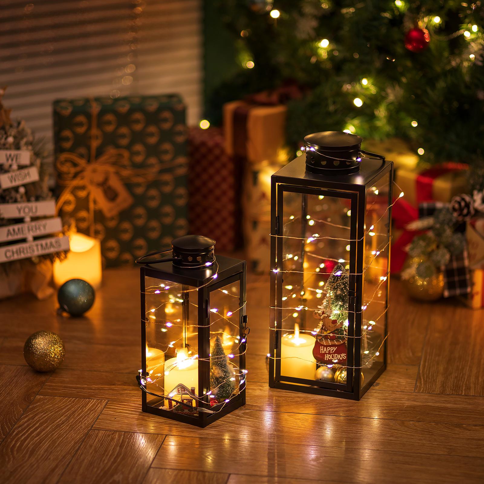 Lanternes noires décoratives d'intérieur : 9,5 pouces lanterne hurricane de mariage suspendue avec verre transparent support à bougie de style maison de campagne pour salon table de