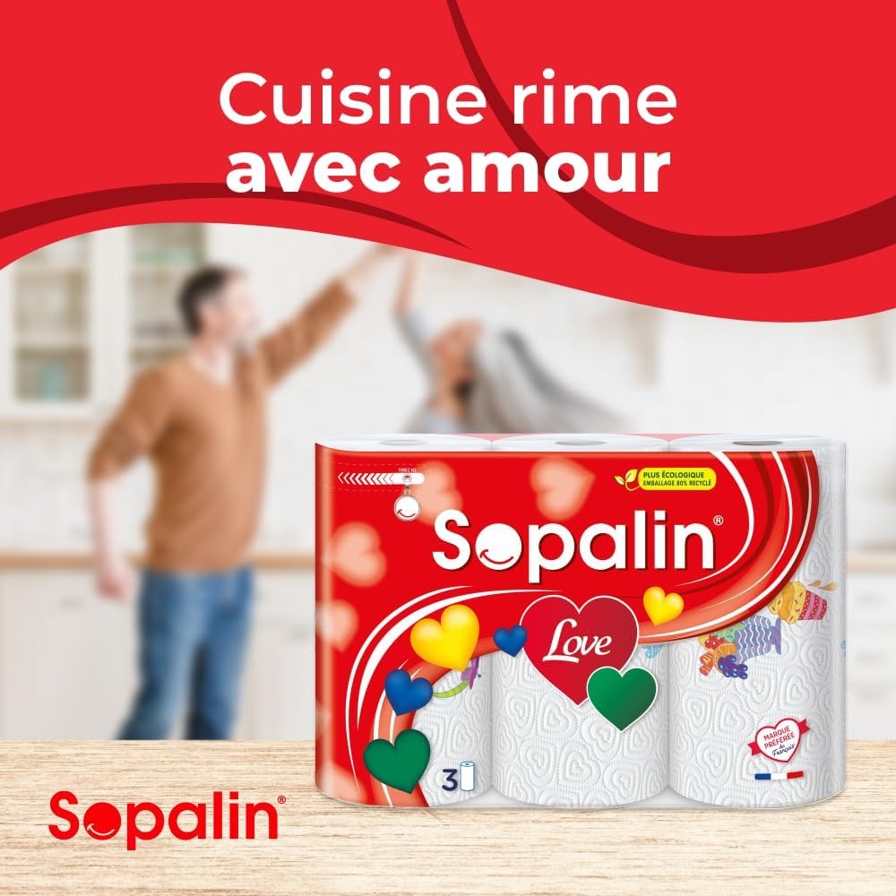 SOPALIN Essuie-Tout 3 Épaisseurs Motif Thème Amour Certifié FSC, 3 Rouleaux