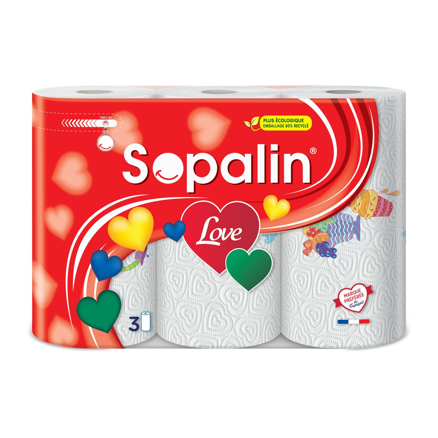 SOPALIN Essuie-Tout 3 Épaisseurs Motif Thème Amour Certifié FSC, 3 Rouleaux