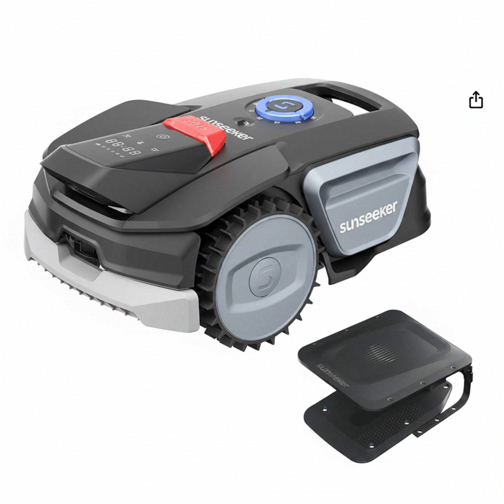 SUNSEEKER V1 avec Garage, Robot Tondeuse Sans Fil Périmétrique, 300 m² pour Petits Jardins, Vision IA, Évitement Intelligent des Obstacles, Pentes 27 %, Tonte en Un Clic, Contrôle Via Application