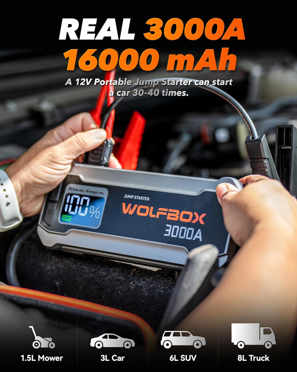 WOLFBOX 3000A Booster de démarrage 12 V batterie portable 59,2 Wh avec chargeur rapide 65 W, écran LED, lampe LED intégrée, câbles de démarrage, compatible moteurs essence 8 L et diesel 6 L