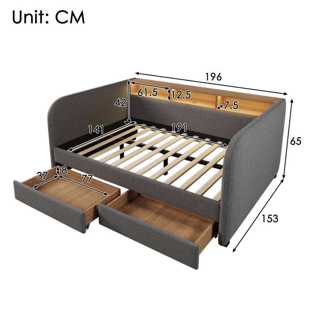 URBAN MEUBLE Lit superposé 140x190 cm, 1 pièce, tissu en lin, gris, avec tête de lit LED et prise de charge USB-C