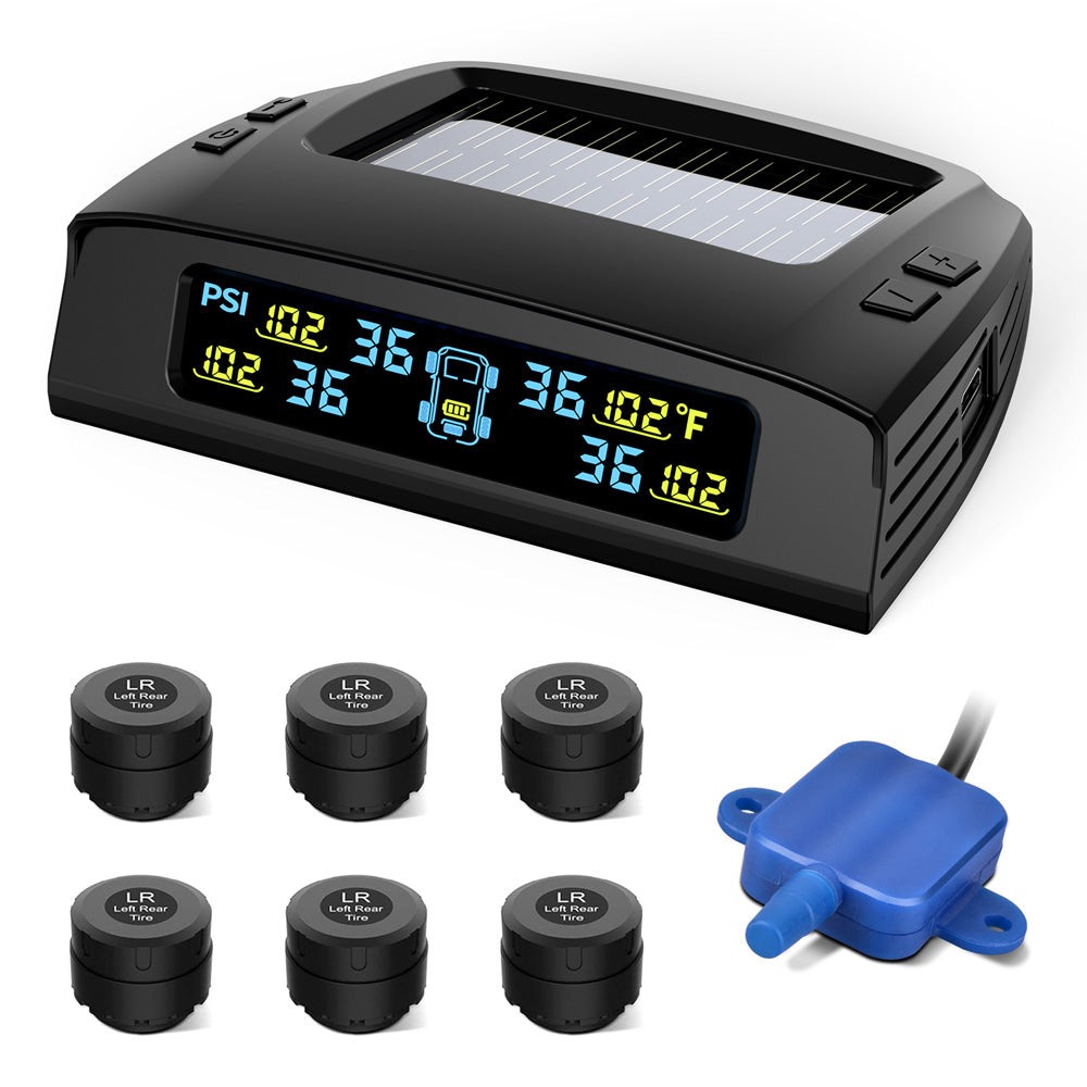 Tymate Système de surveillance de la pression des pneus pour camping-car, Moniteur solaire de pression des pneus avec 4 capteurs, 0 à 87 PSI, 6 modes d’alarme, Répéteur
