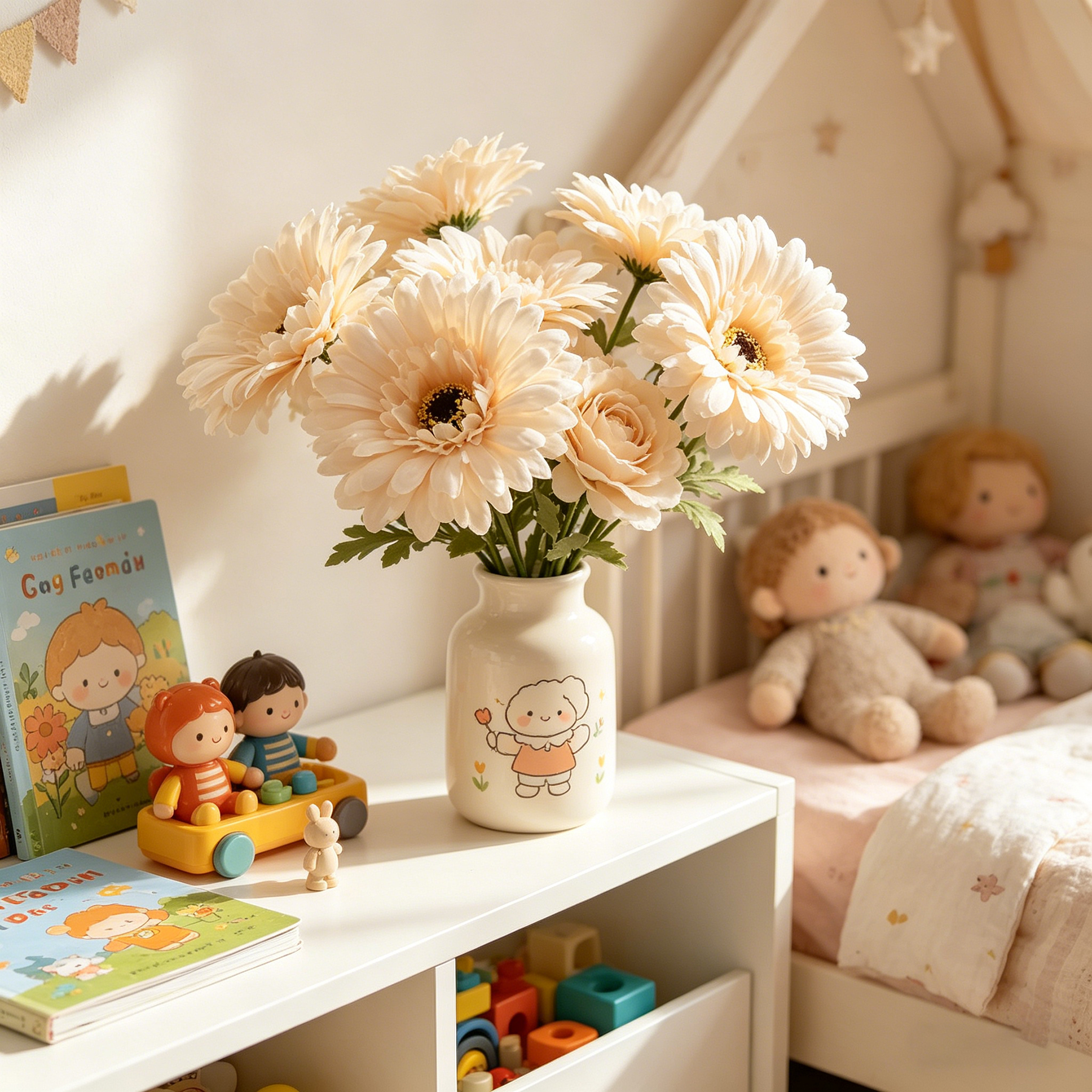 Yuejia 3 Pièces 9,05 in / 23 cm Fleurs de Gerbera en Soie Artificielle Mariage Maison Terrasses Décoration de Table Faux Chrysanthème Pivoine Fête Décoration de Maison (Champagne)