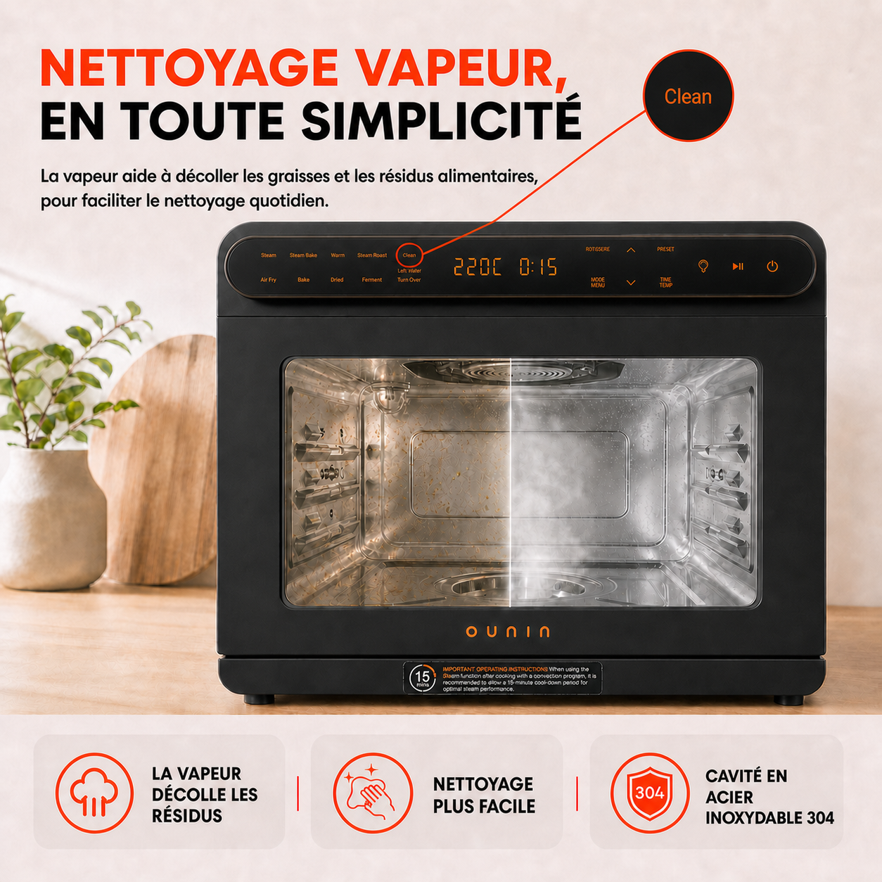 Four combiné vapeur OUNIN 24 L, four de comptoir 10-en-1 avec fonction friteuse à air, cuisson vapeur (pâtisserie et rôtissage), rôtissoire, réservoir d'eau de 1 L et intérieur en acier inoxydable 304