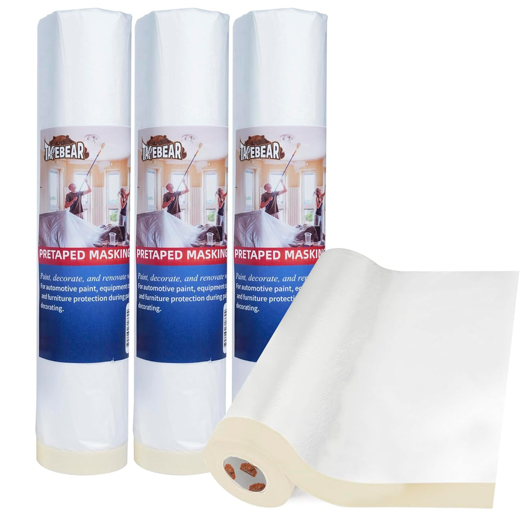 TAPEBEAR Film de masquage pré-adhésivé amélioré Extra épais, ruban haute température et film de protection 102'' x 90', couverture plastique pour automobile, peinture