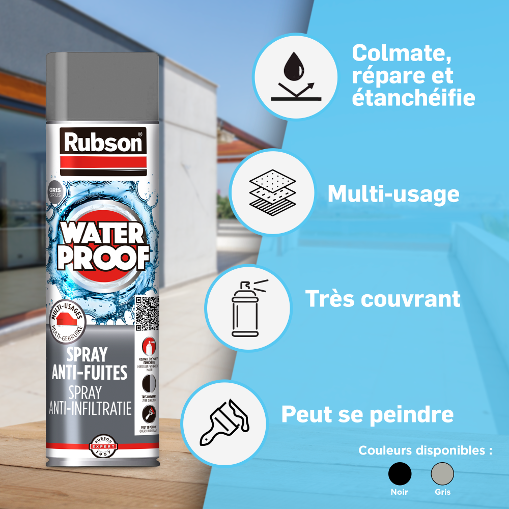 Henkel Rubson Revêtement Waterproof en Spray Anti-Fuites Noir (aérosol 300 ml), pour colmater fuites et fissures, caoutchouc liquide pour réparations, séchage rapide