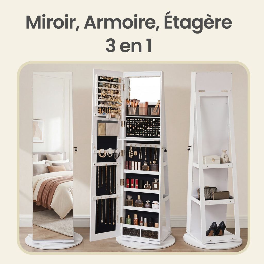 JOYFURNOS HOME Armoire à bijoux avec miroir pivotant à 360° et serrure, organisateur de bijoux, miroir sans cadre pleine longueur, 3 étagères de rangement, surface blanche, doublure noire
