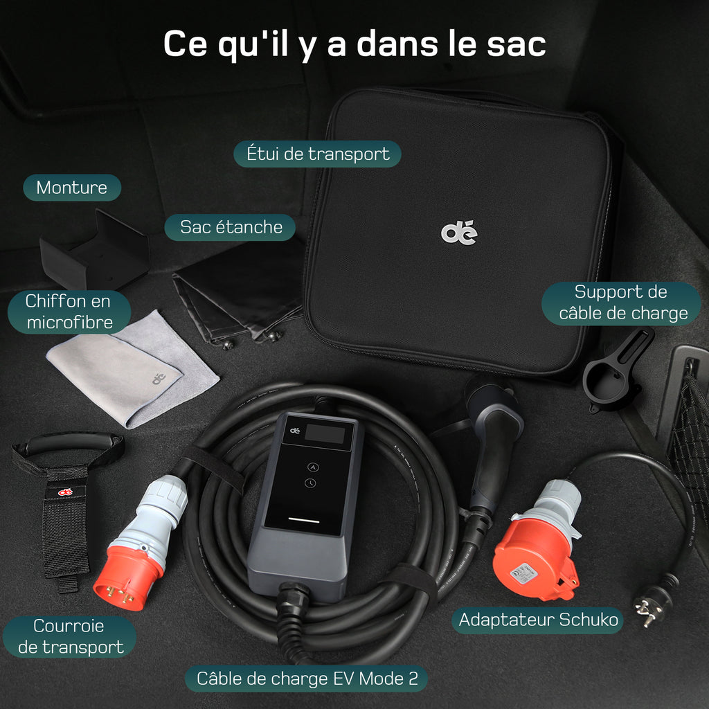 dé Borne de recharge murale mobile 22 kW avec application, Triphasée 7 m 6-32 A, Câble de recharge CEE 32 A vers Type 2, Chargeur pour véhicules électriques et hybrides rechargeables