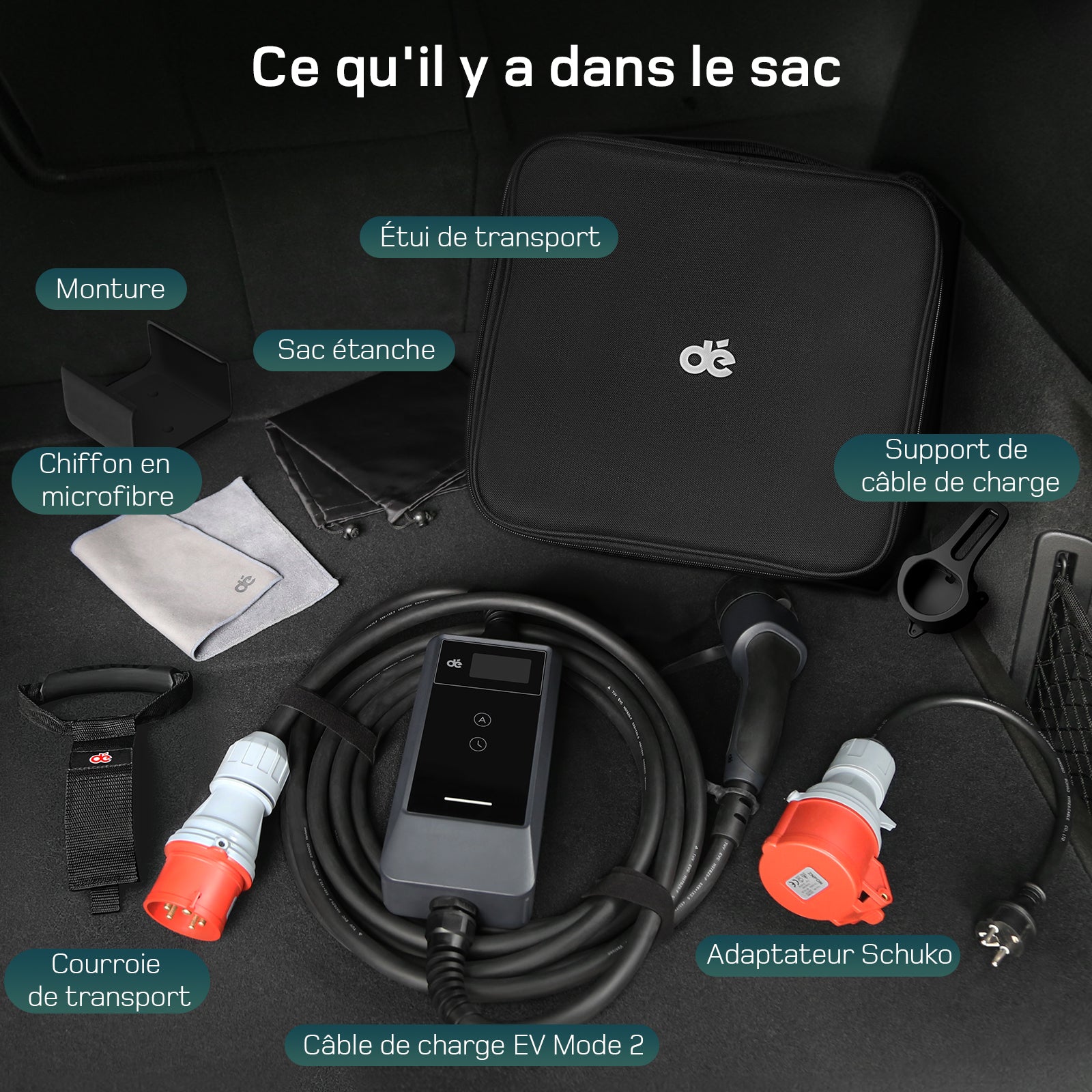 dé Borne de recharge murale mobile 22 kW avec application, Triphasée 7 m 6-32 A, Câble de recharge CEE 32 A vers Type 2, Chargeur pour véhicules électriques et hybrides rechargeables