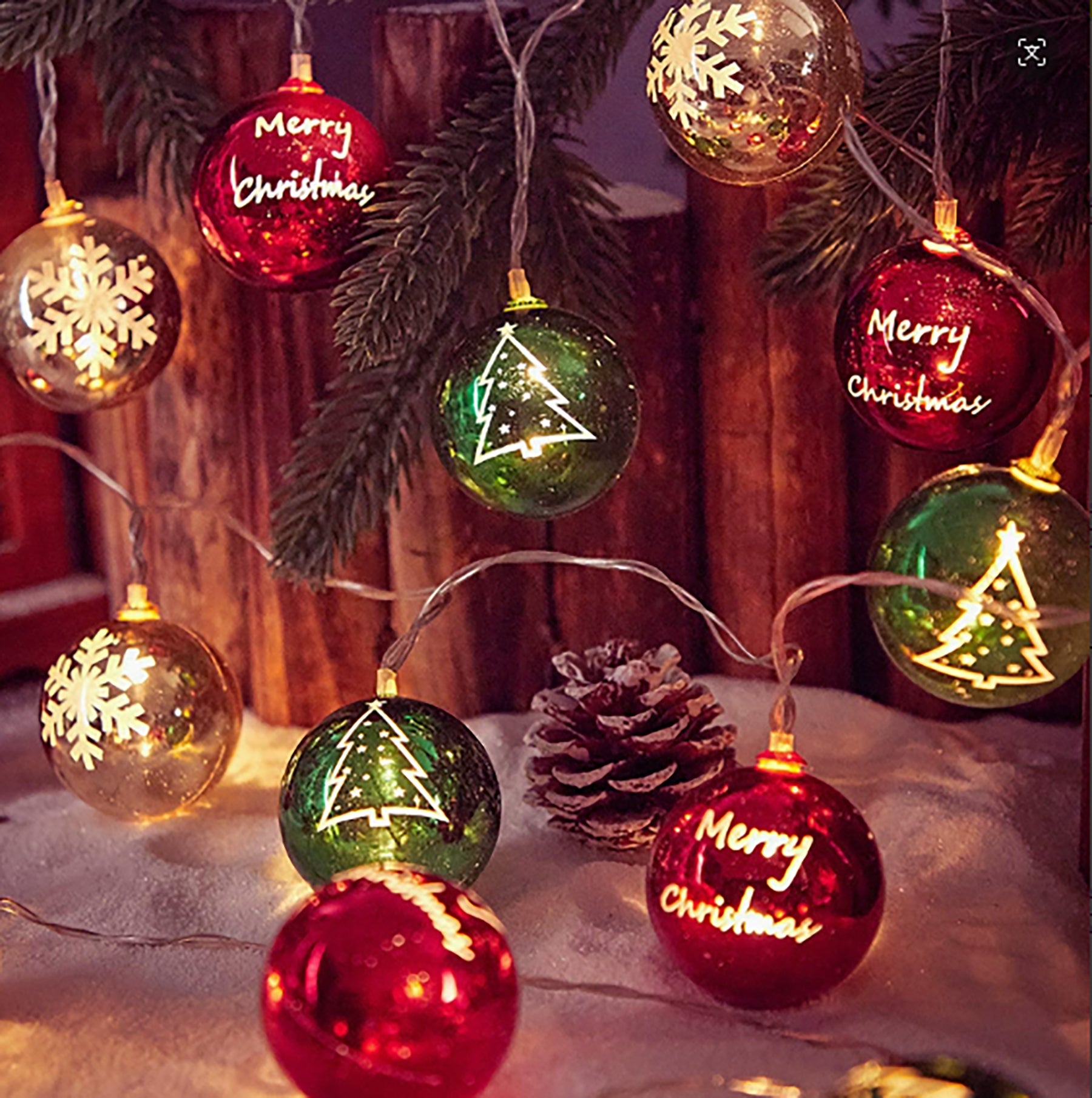 Guirlande lumineuse de Noël LED, rouge, vert et blanc, à motifs de flocons de neige sphériques, convient pour la décoration intérieure et extérieure, décoration pour la Fête des Mères, Noël et mariage