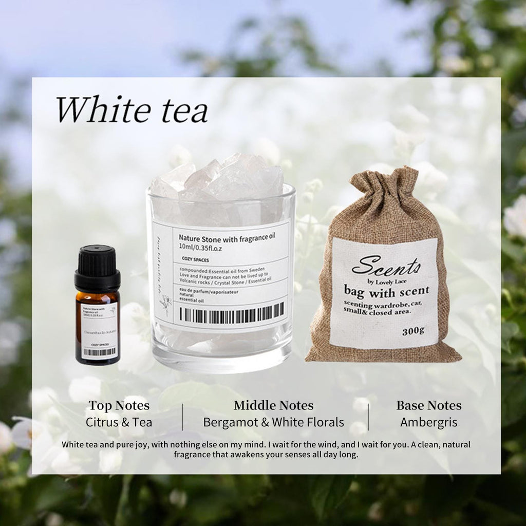 Zooly Coffret cadeau avec diffuseur de parfum en cristal blanc, White Tea Serenity - 380 g