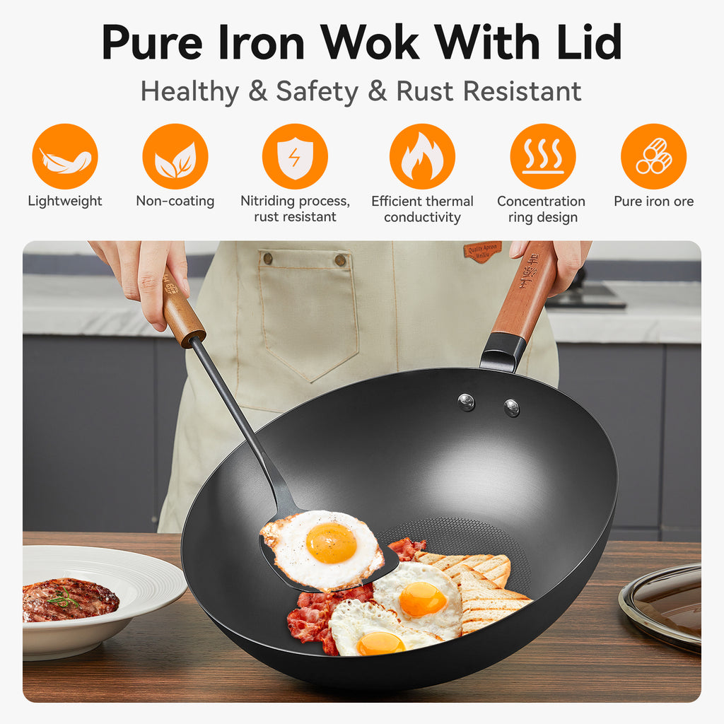 Wangyuanji 12,6" Wok léger en acier au carbone, wok en fer chinois avec couvercle en verre - Fond plat texturé nid d'abeille pour antiadhésif physique, compatible avec toutes les plaques de cuisson