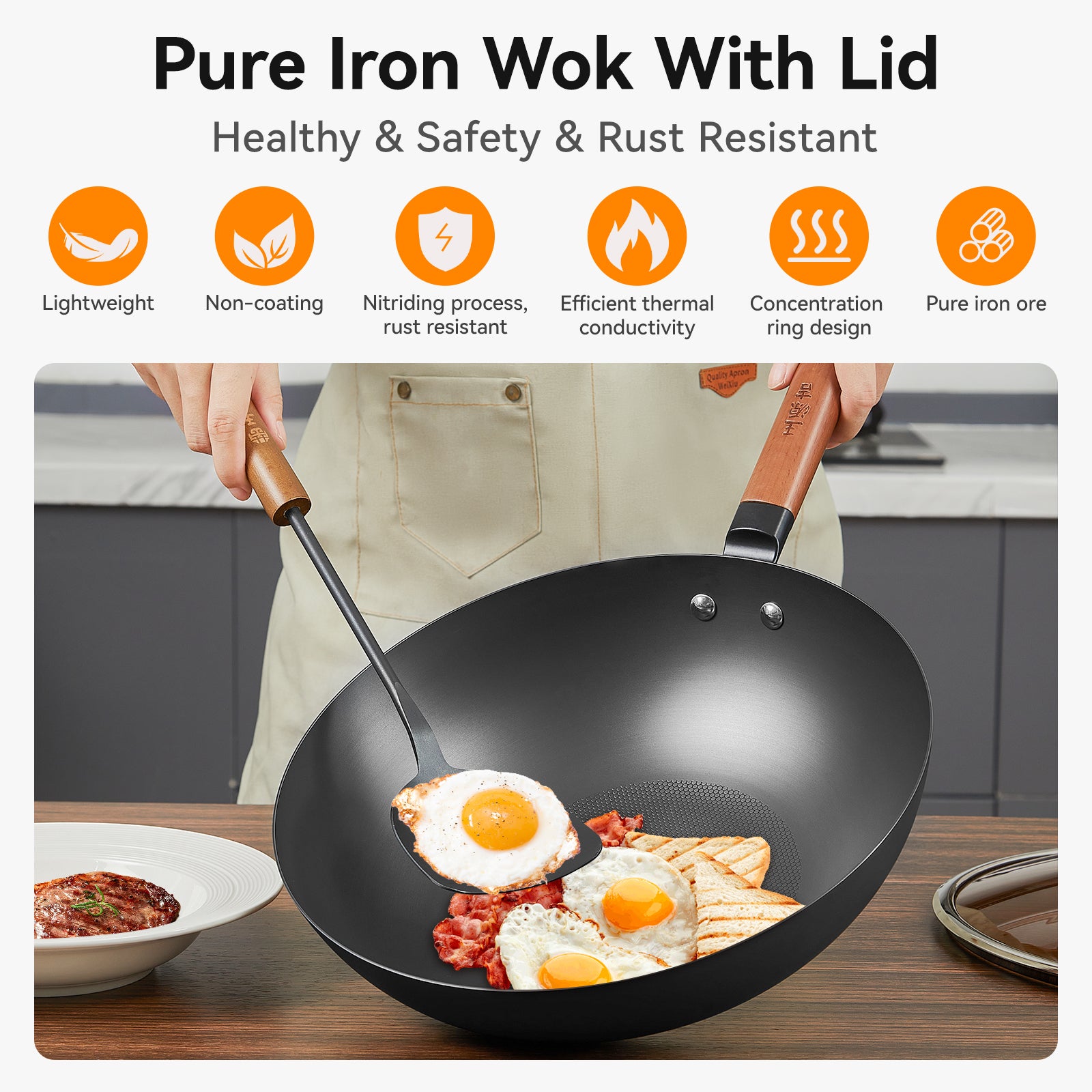 Wangyuanji 12,6" Wok léger en acier au carbone, wok en fer chinois avec couvercle en verre - Fond plat texturé nid d'abeille pour antiadhésif physique, compatible avec toutes les plaques de cuisson