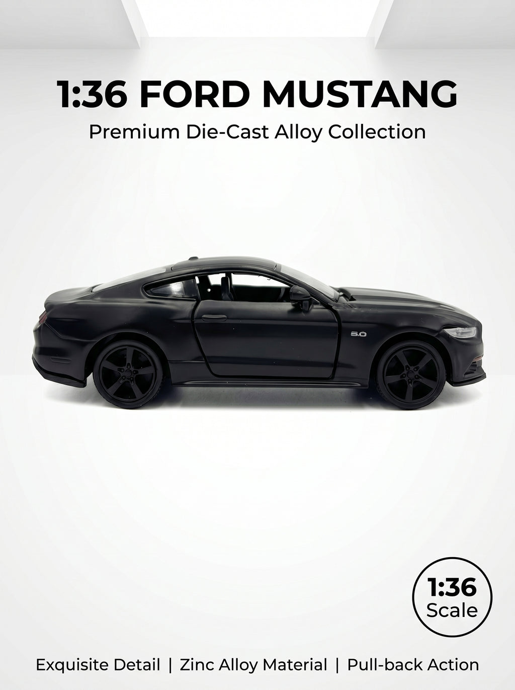 Voiture miniature Ford Mustang à l’échelle 1:36, en alliage noir, avec portes ouvrantes et mécanisme à ressort – Jouet pour enfants, idée cadeau