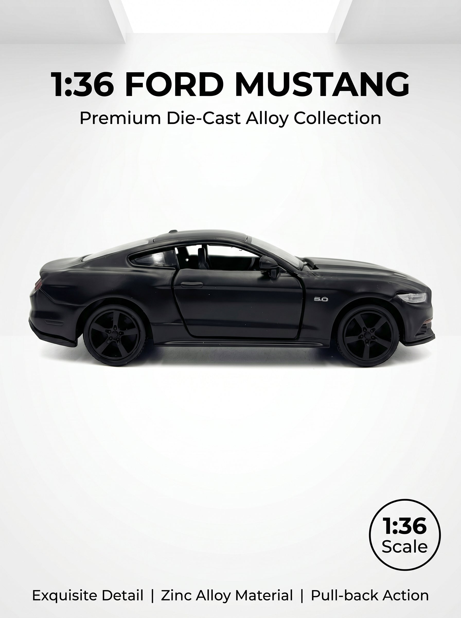 Voiture miniature Ford Mustang à l’échelle 1:36, en alliage noir, avec portes ouvrantes et mécanisme à ressort – Jouet pour enfants, idée cadeau