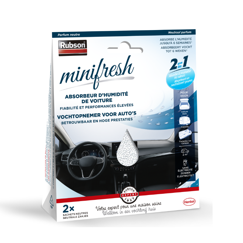Rubson – Absorbeur d’Humidité Minifresh Voiture Parfum Neutre (2 sachets) – Anti-humidité & anti-odeurs pour véhicule, camping-car, caravane jusqu’à 2 m² – Déshumidificateur voiture sans électricité