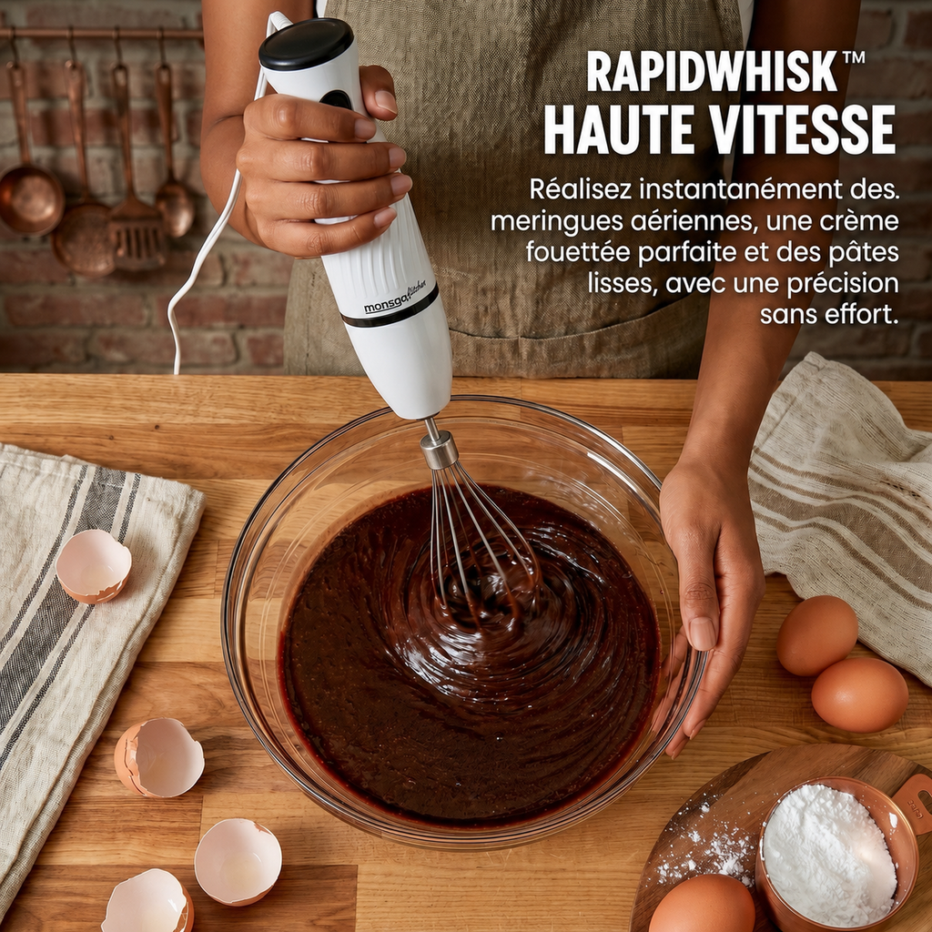monsga Mixeur plongeant et fouet 2-en-1 S100, Mixeur plongeant ergonomique avec modes normal/turbo, Protection anti-éclaboussures et protection des casseroles, Hachoir 500 ml