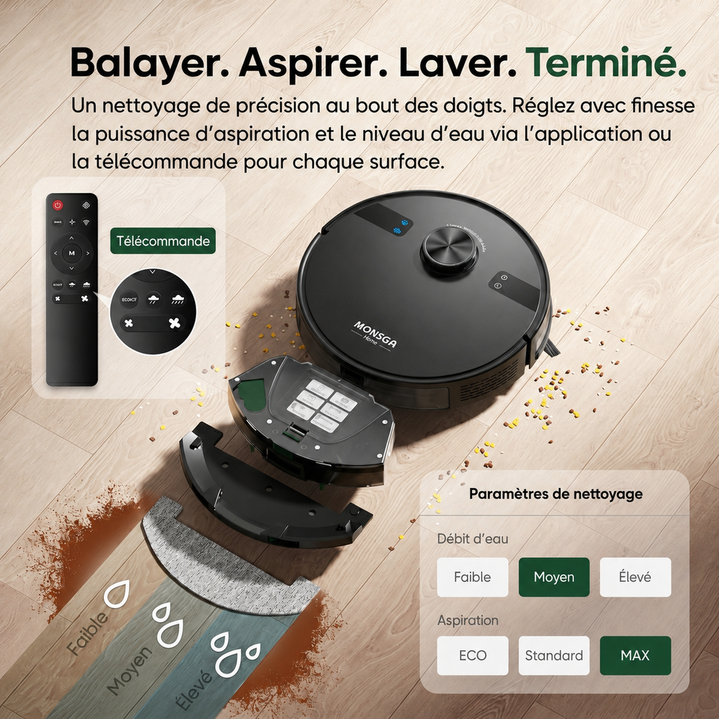 monsga MS1 Max Aspirateur robot laveur 2-en-1, 9000 Pa, station de vidage automatique 4,0 L, navigation LiDAR, autonomie 180 min, contrôle via application/télécommande/voix, pour sols durs et tapis